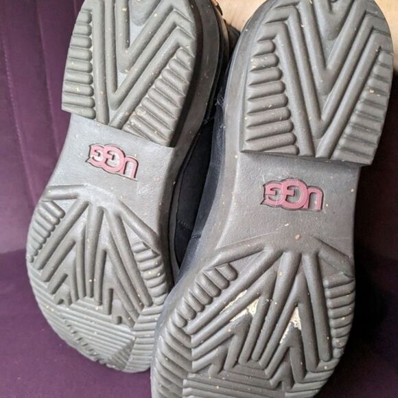 UGG Waterproof Combat Boots Black Leather & Grey Wool Winter Lace-up Side Zip - Picture 6 of 7